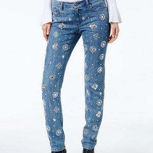 SIZE:14W MICHAEL KORS DENIM JEANS WITH FLORAL RHINESTONE EMBELLISHMENTS